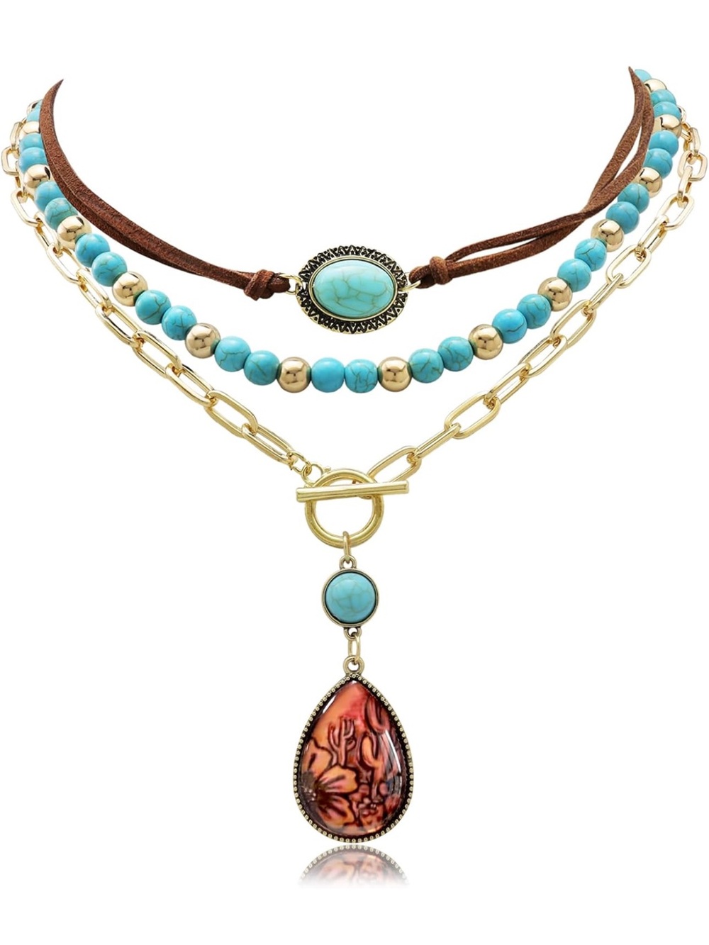 Anthropologie Turquoise, Coral & Gold Layered Pendant Necklace